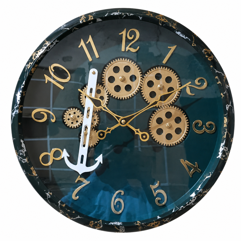 Milan h155-DarkTeal Decorative Wall Clock with Exposed Gears and Anchor Pendulum