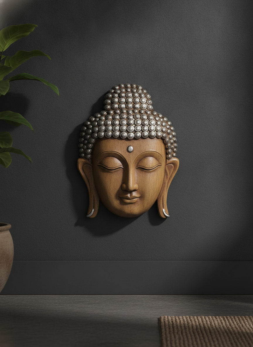 Theo Buddha Face Wall Art - Light Wood & Silver on wall color