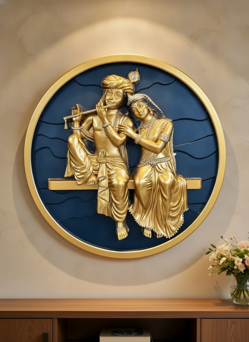 Sizzero Radha Krishna 3D Wall Art - Gold & Blue, 24 inch on wall color