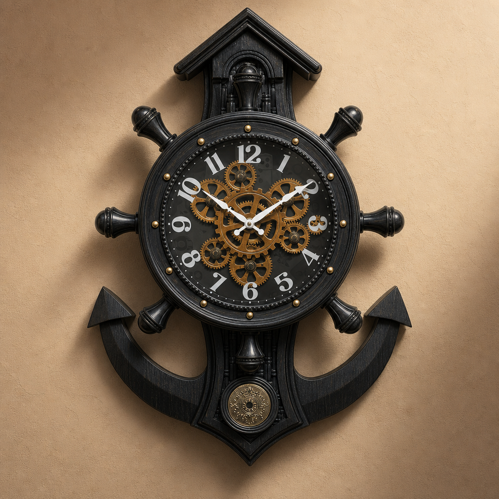 Real RG-04 Nautical Ship Wheel & Anchor Wall Clock with Visible Gears, Wood Finish lifestyle 1