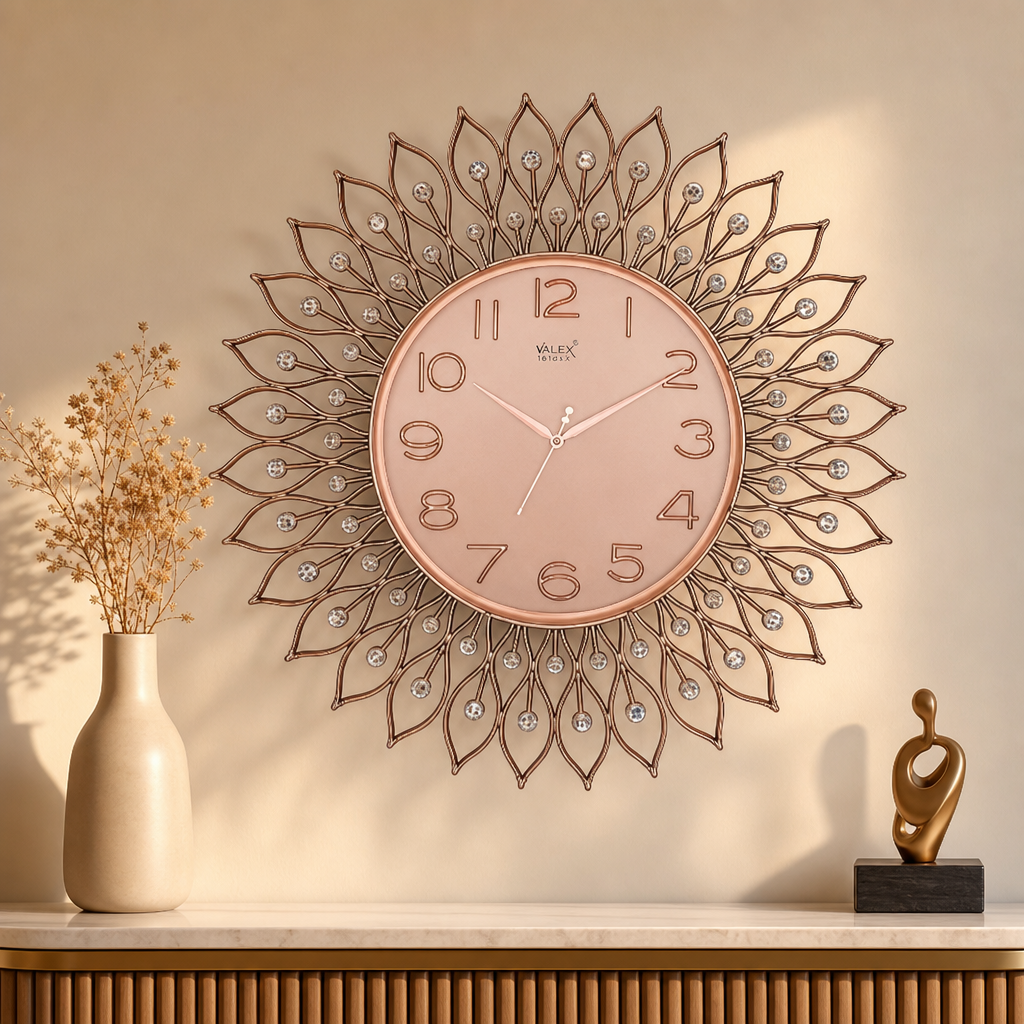 Rose Gold Decorative Crystal Wall Clock styled in a room setting 2
