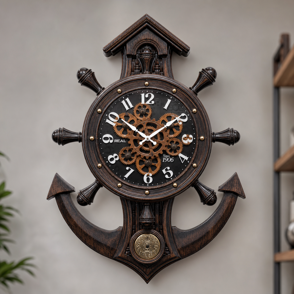 Real RG-04 Nautical Ship Wheel & Anchor Wall Clock with Visible Gears, Wood Finish
