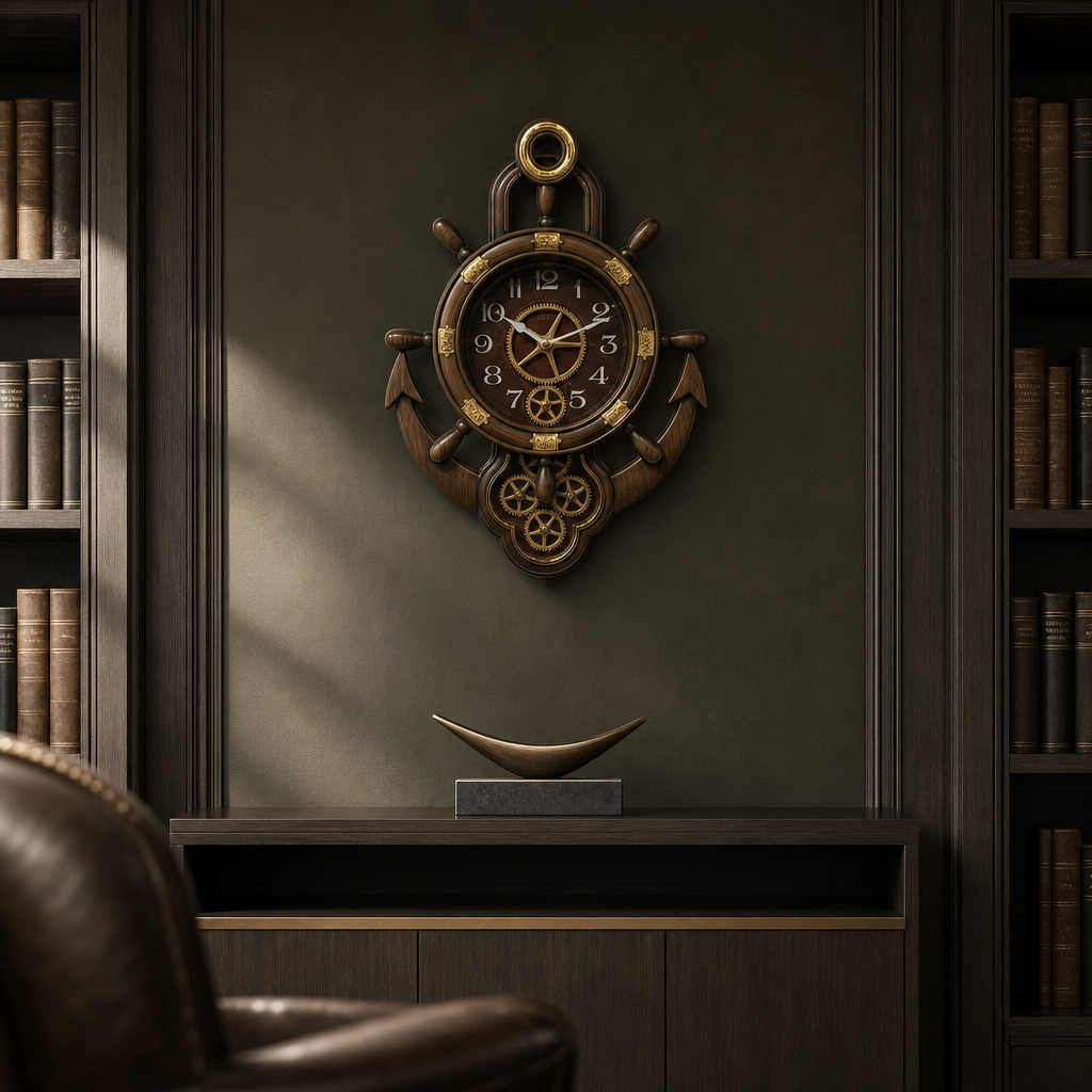 Real RG07 Nautical Ship Wheel and Anchor Wall Clock, Dark Espresso Wood styled in a room setting 1