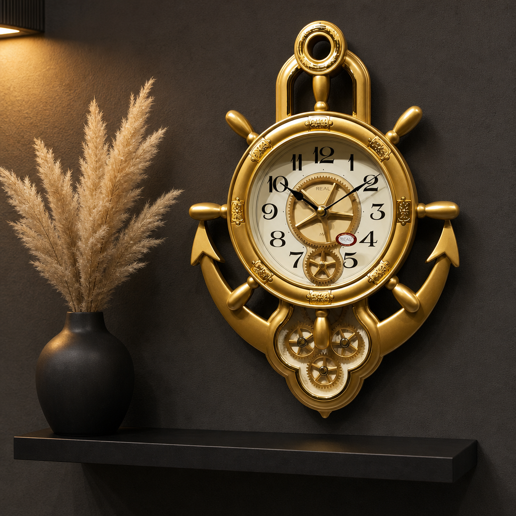 Real RG07-Golden Nautical Ship Wheel and Anchor Wall Clock styled in a room setting 2