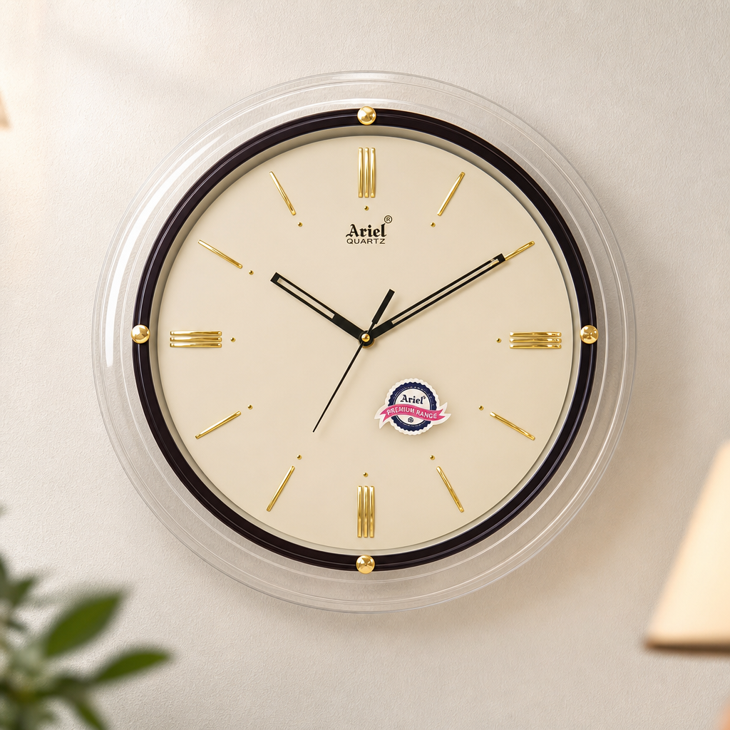 Ariel 2091 Black and Silver Round Quartz Wall Clock - Ariel 2091-CreamandGold - Premium Wall Clock 14 inch
