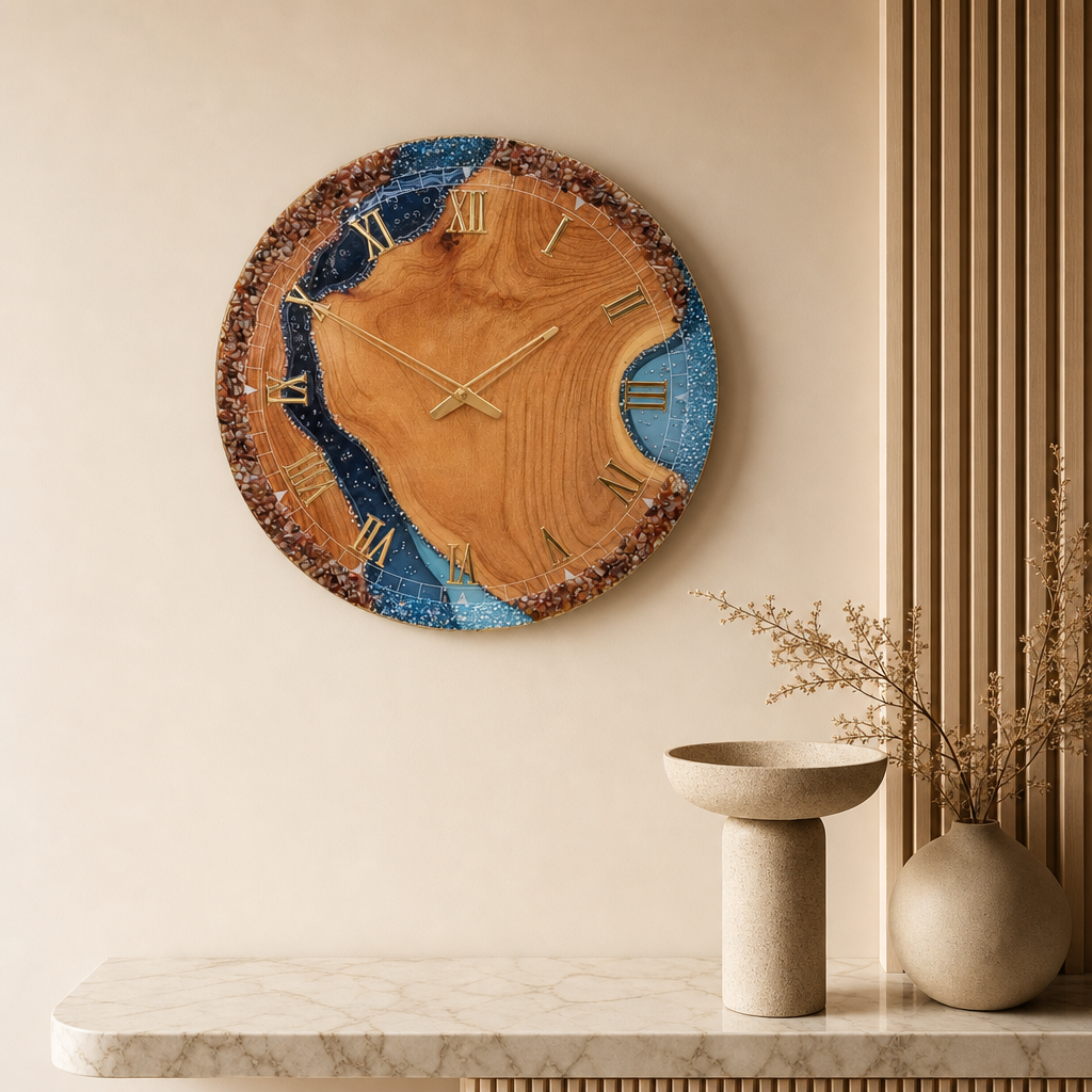 The Clock Factory 24-inch Wood and Dark Blue Resin River Wall Clock styled in a room setting 3