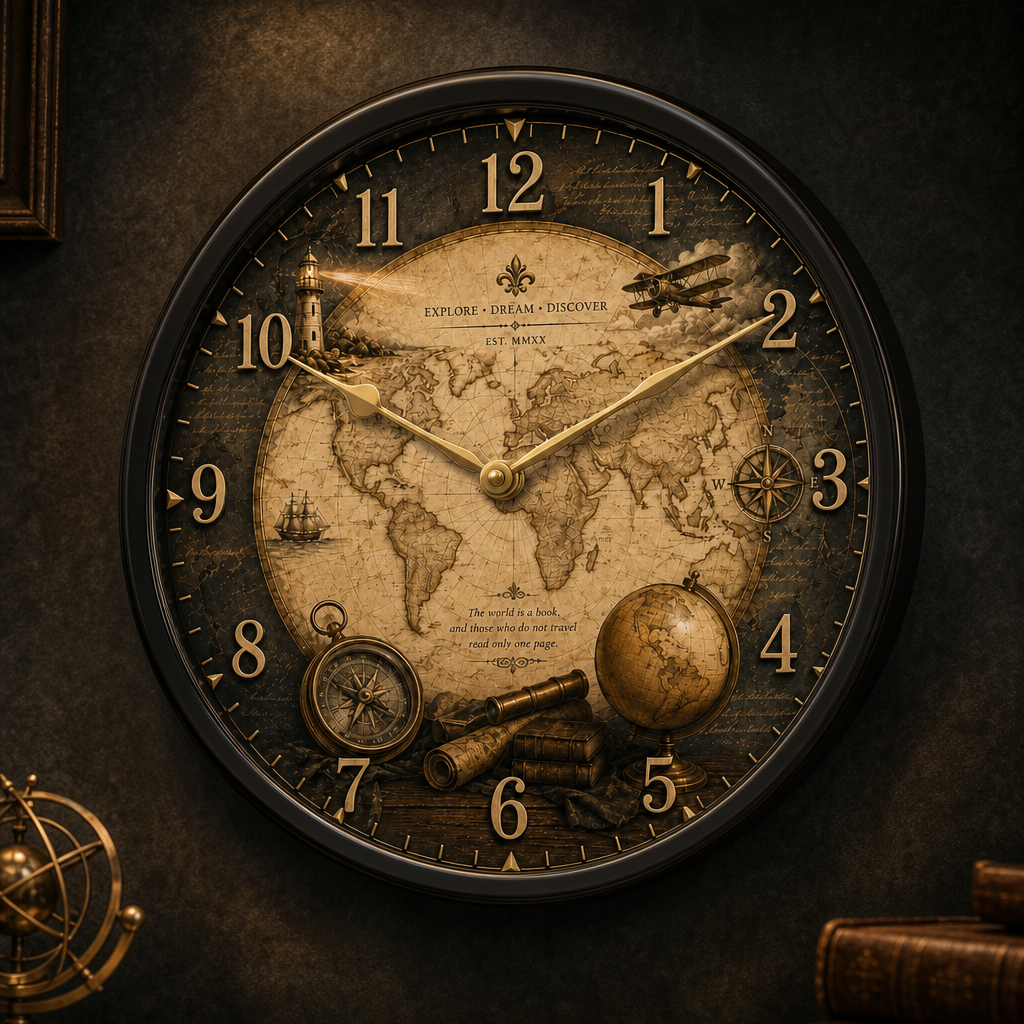 The clock Factory 031 Explorer Vintage World Map Wall Clock with Black Frame