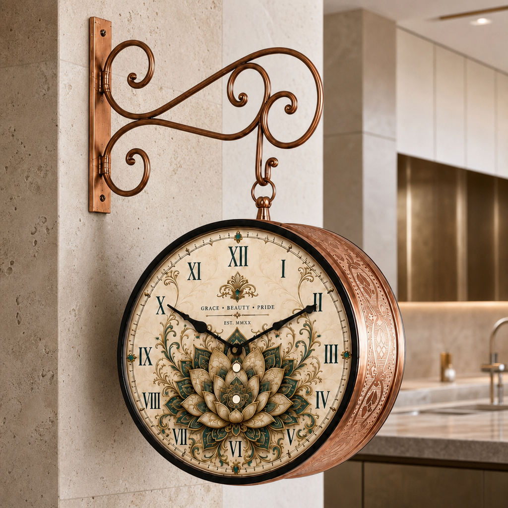 The Clock Factory ETCHING 10 Vintage Double Sided Wall Clock with Lotus Design styled in a room setting 3