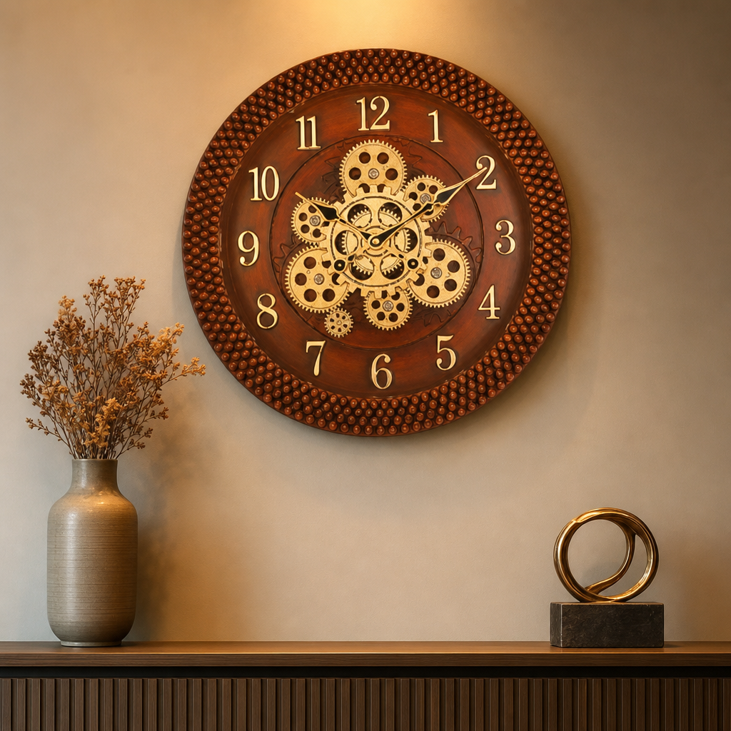 Sapna 3521 Decorative Brown & Gold Exposed Gear Wall Clock - Decor 1