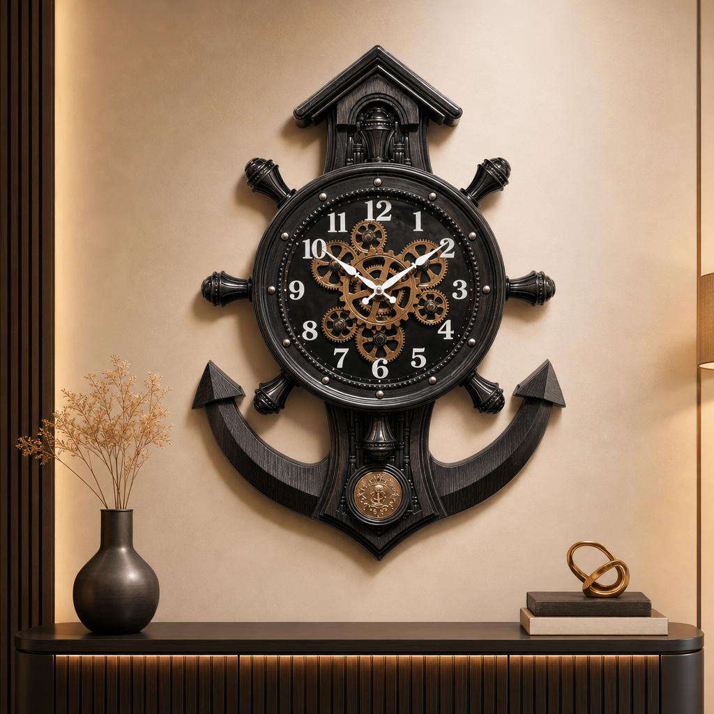 Real RG-04 Nautical Ship Wheel & Anchor Wall Clock with Visible Gears, Wood Finish lifestyle 2