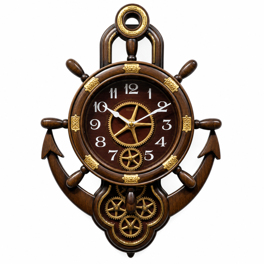 Real RG07 Nautical Ship Wheel and Anchor Wall Clock, Dark Espresso Wood