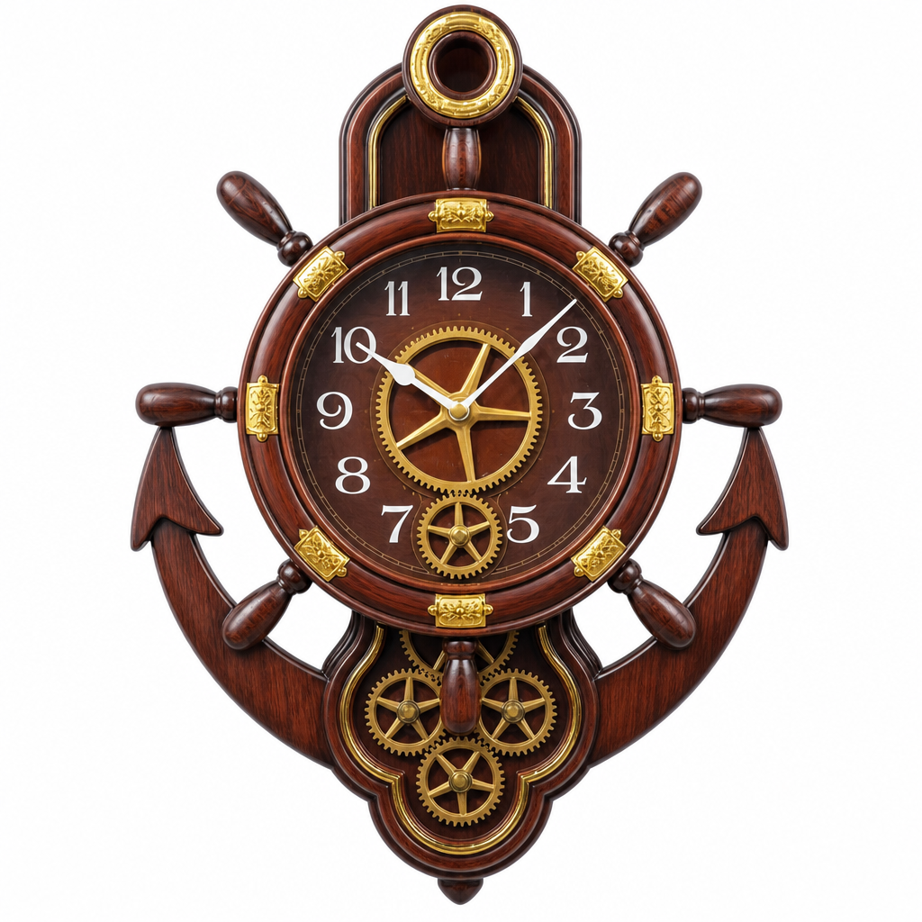 Real RG07 Nautical Dark Reddish Brown Wood Wall Clock with Visible Gears, 24x17 inch