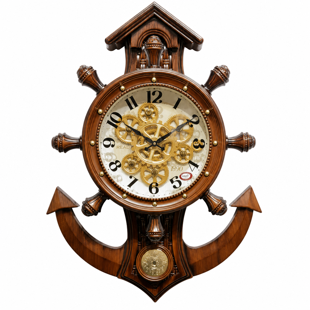 Real RG-04 Dark Wood Brown Nautical Wall Clock with Visible Gears, 30x23 inch