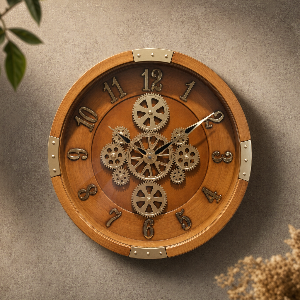 Milan H99 OrangeWood Steampunk Industrial Wall Clock with Exposed Gears - Decor 3