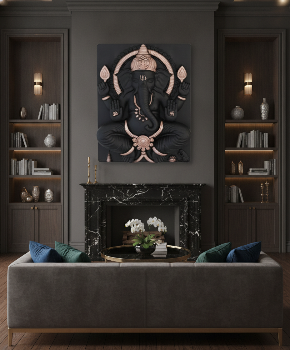 Capital Ganesh Ji Wall Art - Black with Gold Accents - Decor 7