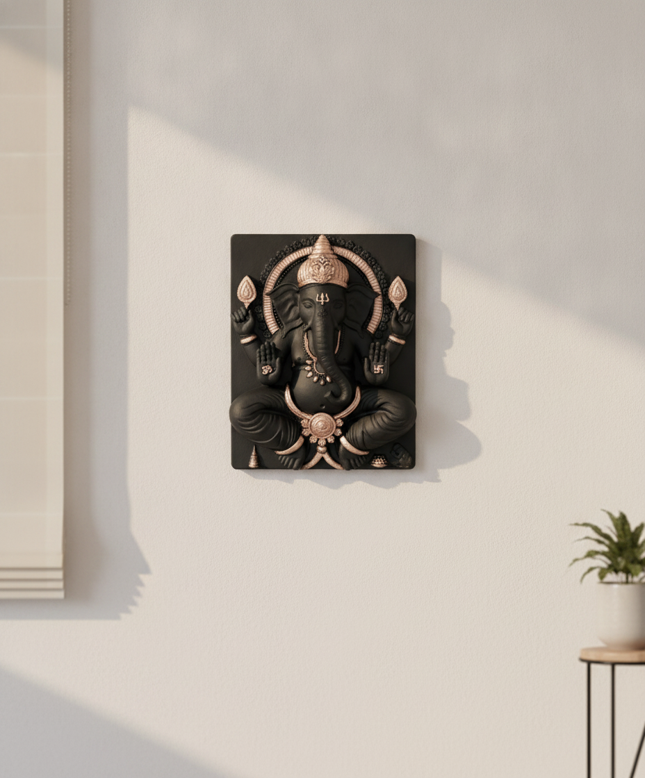 Capital Ganesh Ji - Black with Copper Accents Wall Art
