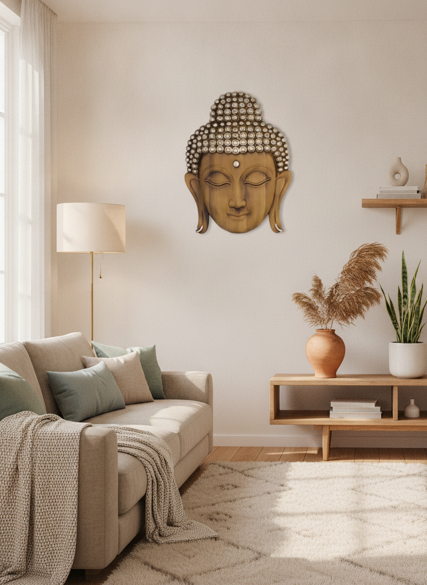 Theo Buddha Face Wall Art - Light Wood & Silver lifestyle 2