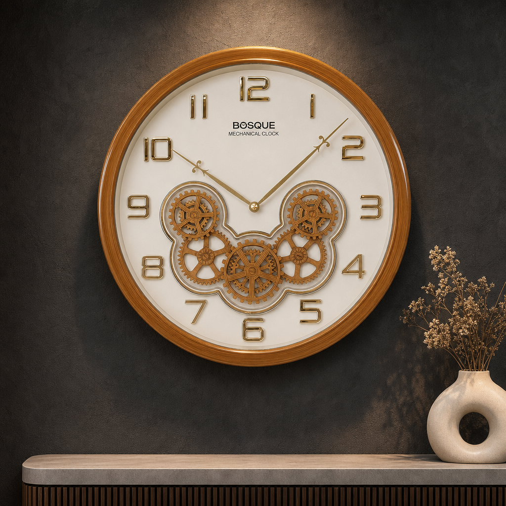 Bosque gear 08 White&Gold Mechanical Wall Clock styled in a room setting 1