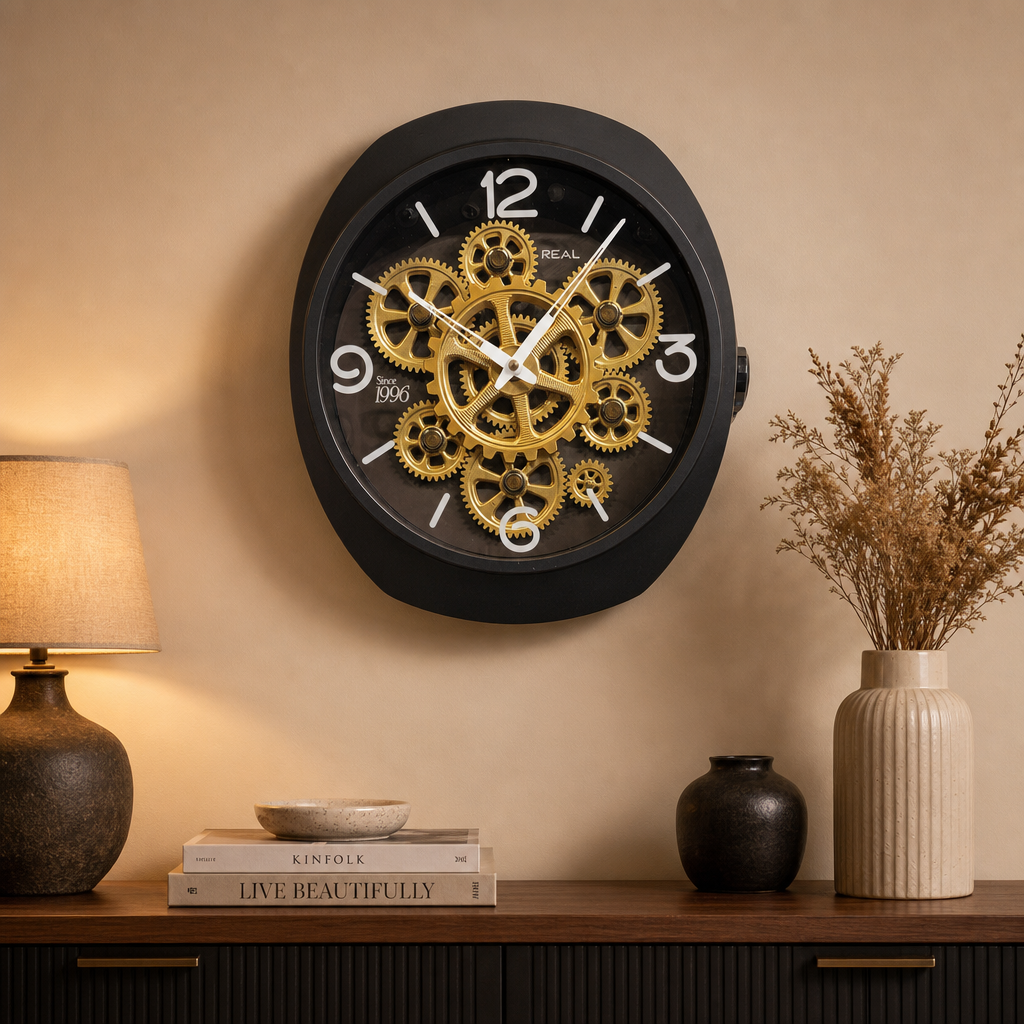 Real RG-06 Black Wall Clock with Exposed Gold Gears - Decor 2