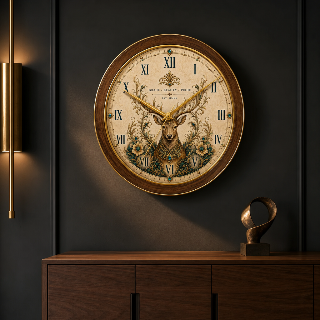 The clock Factory Majestic Deer Wall Clock styled in a room setting 2