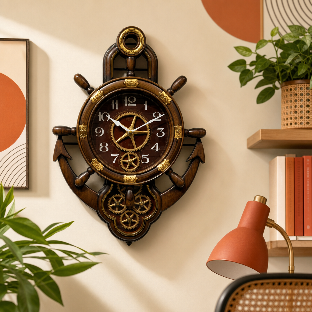 Real RG07 Nautical Ship Wheel and Anchor Wall Clock, Dark Espresso Wood styled in a room setting 3