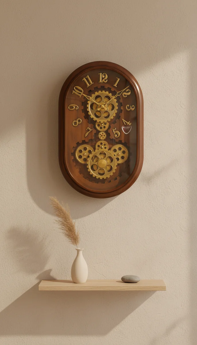 Ornate Gear Wall Clock - Dark Wood & Gold
