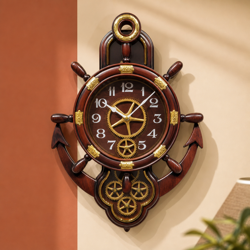 Real RG07 Nautical Dark Reddish Brown Wood Wall Clock with Visible Gears, 24x17 inch