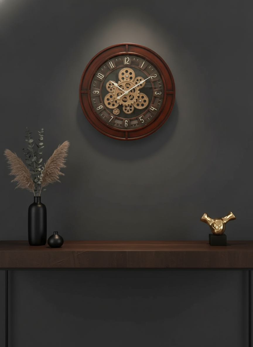 Elegant Gear 10 Honeywood & Gold Accents Decorative Wall Clock lifestyle 5