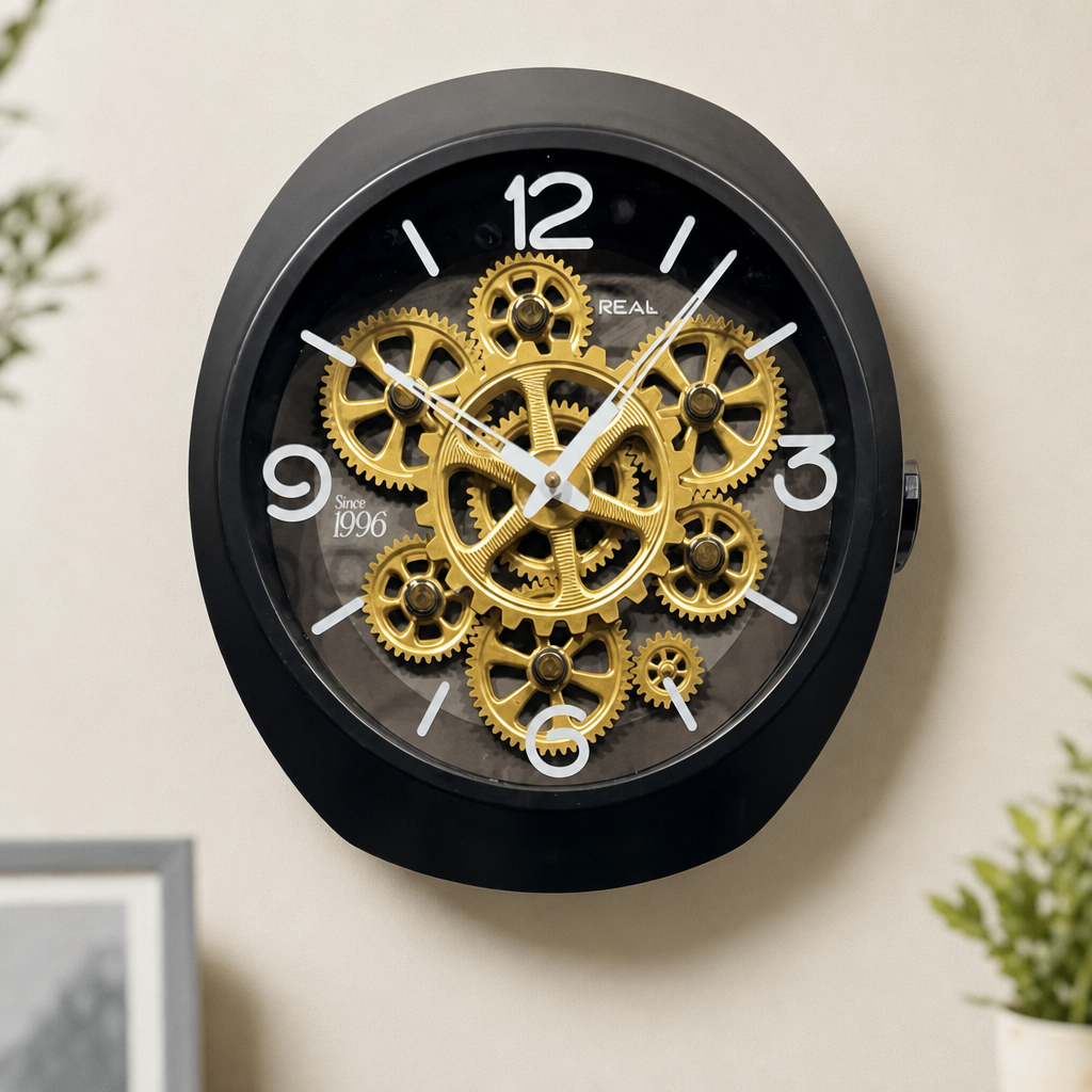 Real RG-06 Black Wall Clock with Exposed Gold Gears on wall color