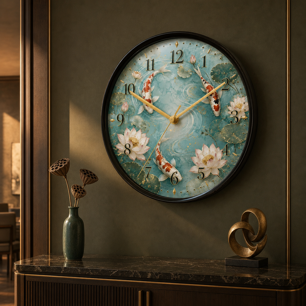 The Clock Factory 031 Koi Pond Decorative Wall Clock styled in a room setting 1
