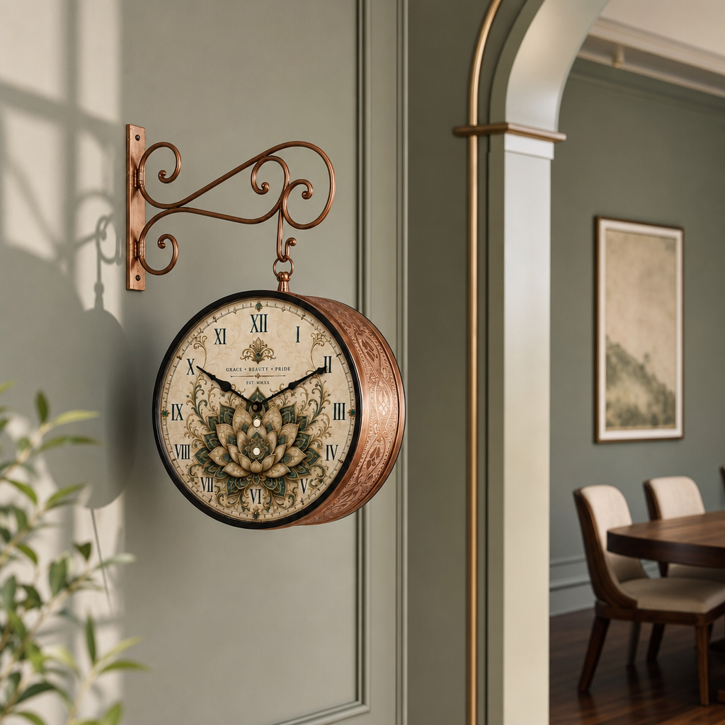 The clock Factory ETCHING 10-swan Double Sided Clock styled in a room setting 4