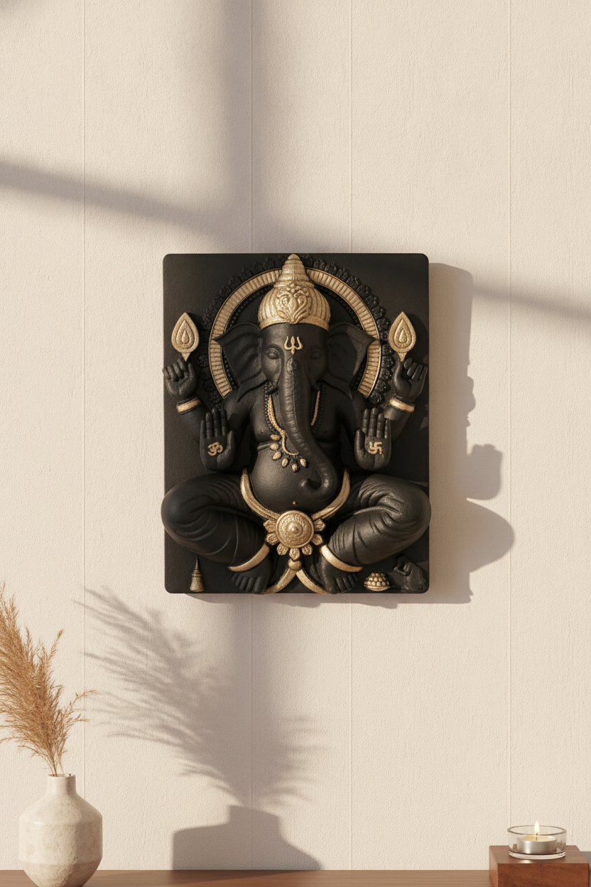 Capital Ganesh Ji Wall Art - Black with Gold Accents