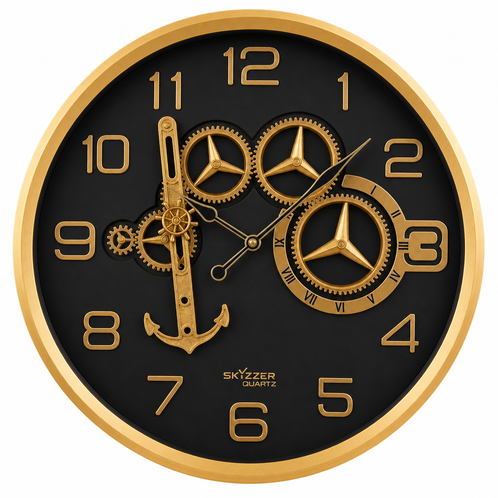 SkyZZer 017-Black Industrial Nautical Wall Clock with Gold Gears and Anchor
