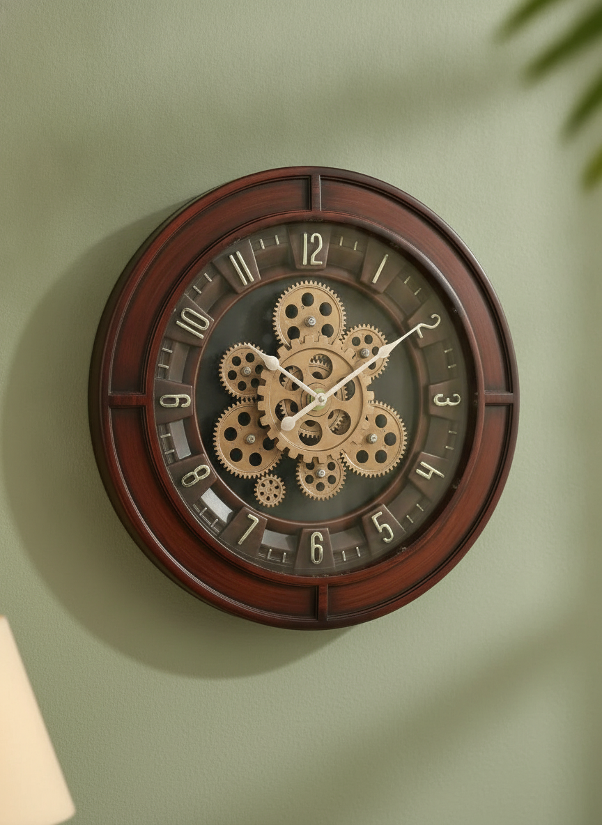 Elegant Gear 10 Honeywood & Gold Accents Decorative Wall Clock lifestyle 6