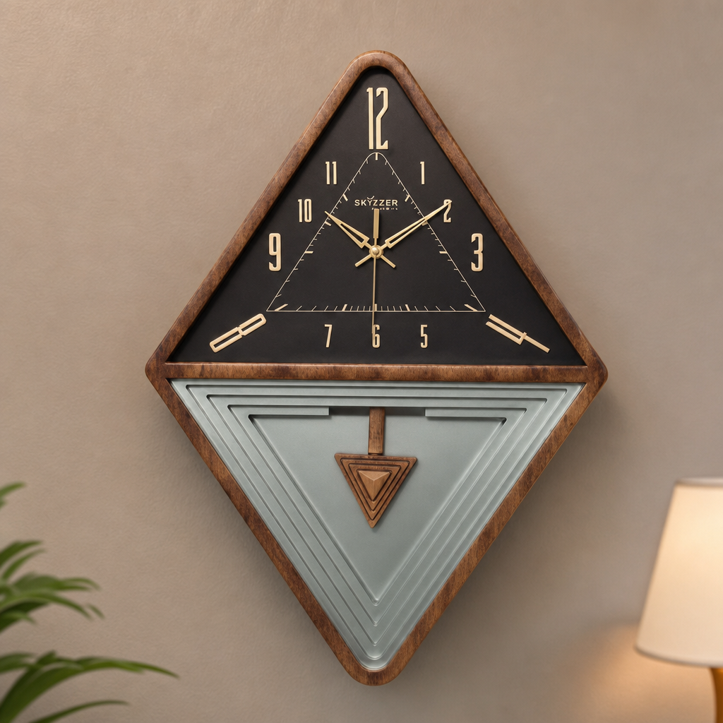 SkyZZer 1621 Diamond Geometric Wall Clock - Brown, Black & Gold Accents