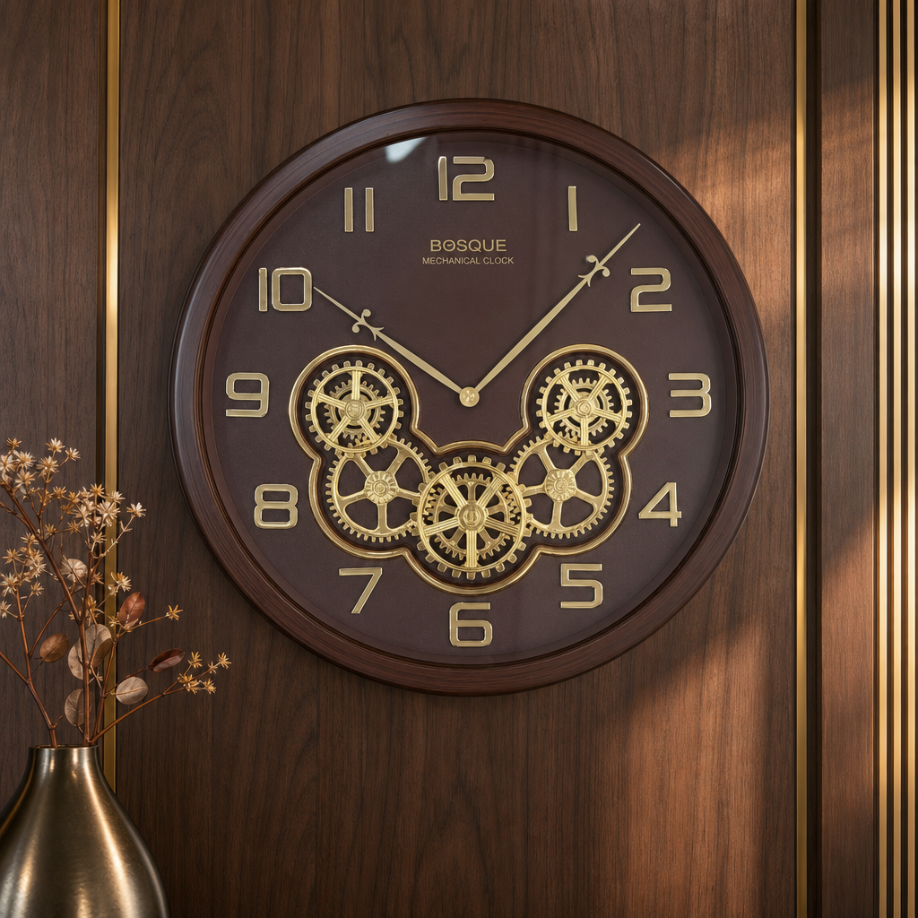 Bosque gear 08-Black&RoseGold Mechanical Wall Clock styled in a room setting 5