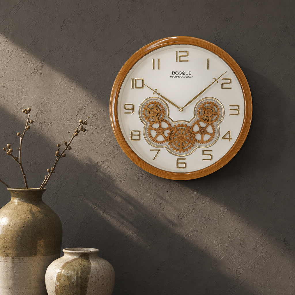 Bosque gear 08 White&Gold Mechanical Wall Clock styled in a room setting 3