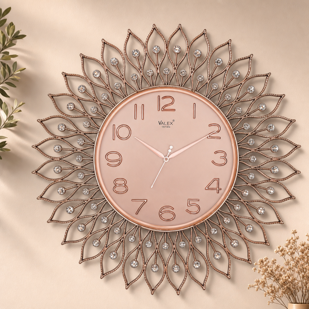 Rose Gold Decorative Crystal Wall Clock styled in a room setting 3