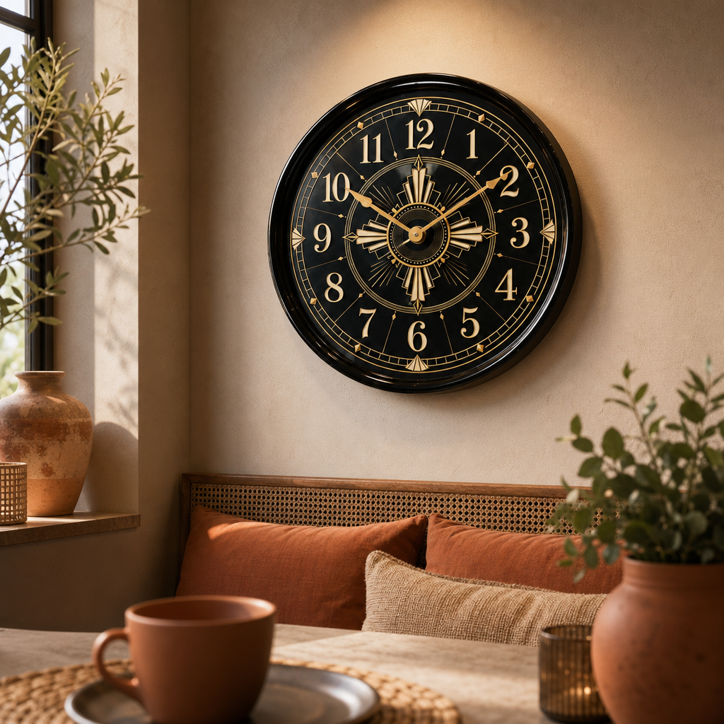 The Clock Factory 031 Tribal Art Deco Black & Gold Wall Clock styled in a room setting 3