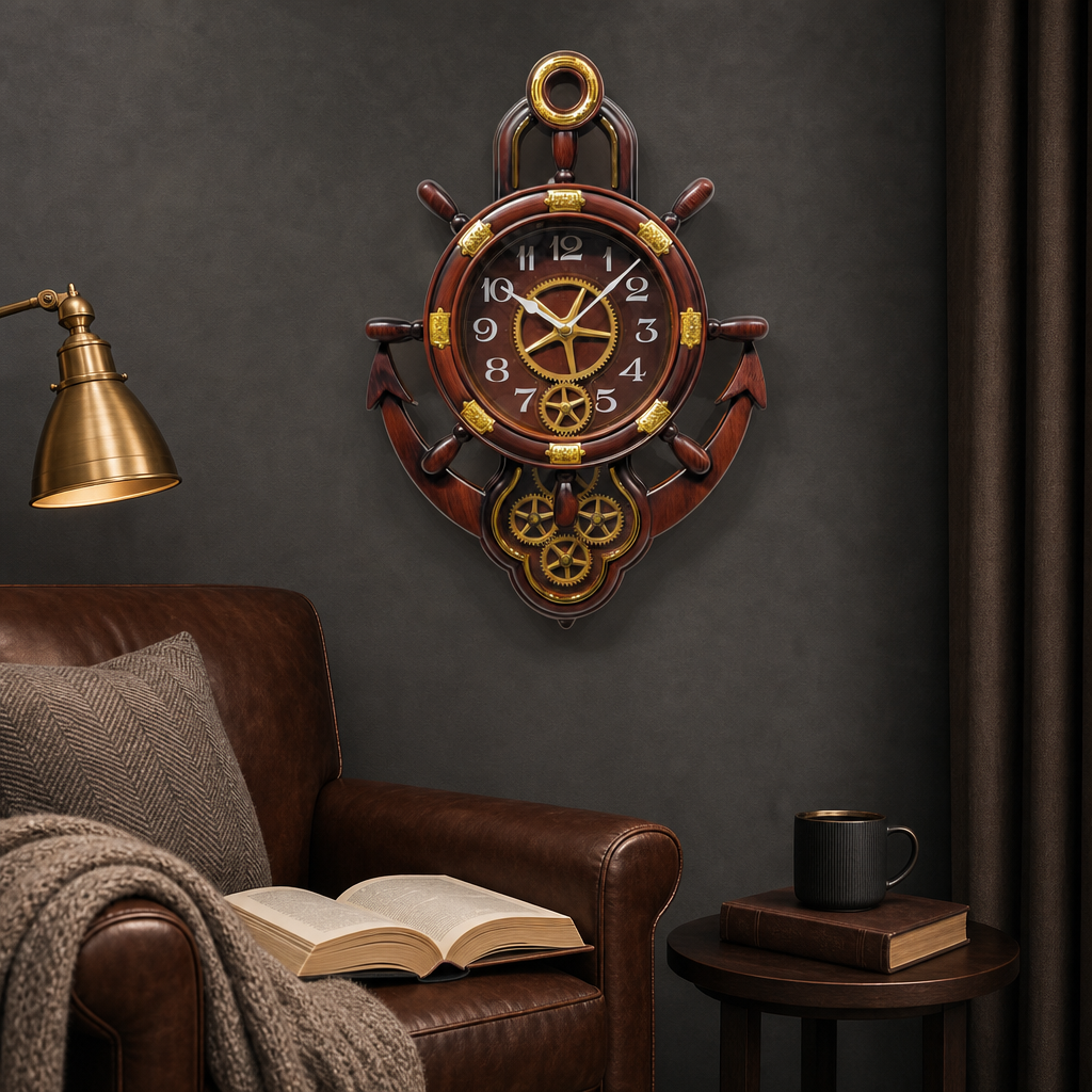 Real RG07 Nautical Dark Reddish Brown Wood Wall Clock with Visible Gears, 24x17 inch styled in a room setting 2