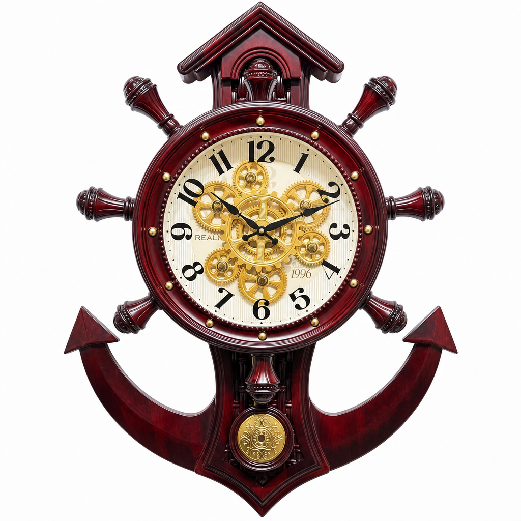Real RG-04 Rosewood Red Finish Nautical Ship Wheel and Anchor Wall Clock