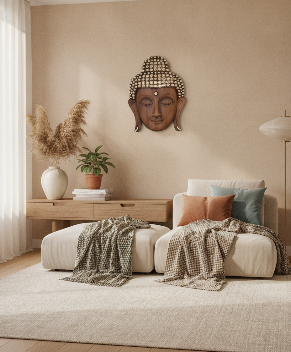 Theo Buddha Face Wall Art - Light Wood & Silver - Decor 13