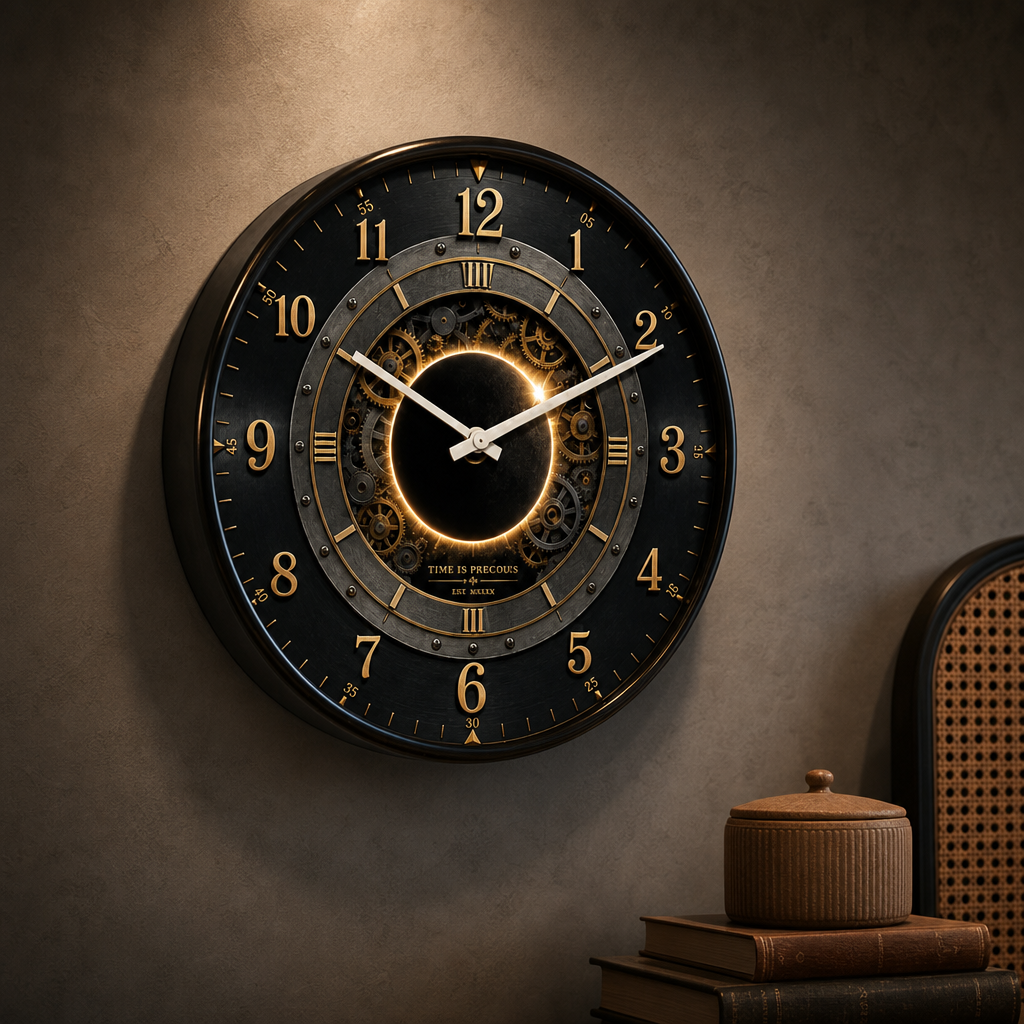 The clock Factory 031 Black Rivets Steampunk Wall Clock with Luminous Gears styled in a room setting 3