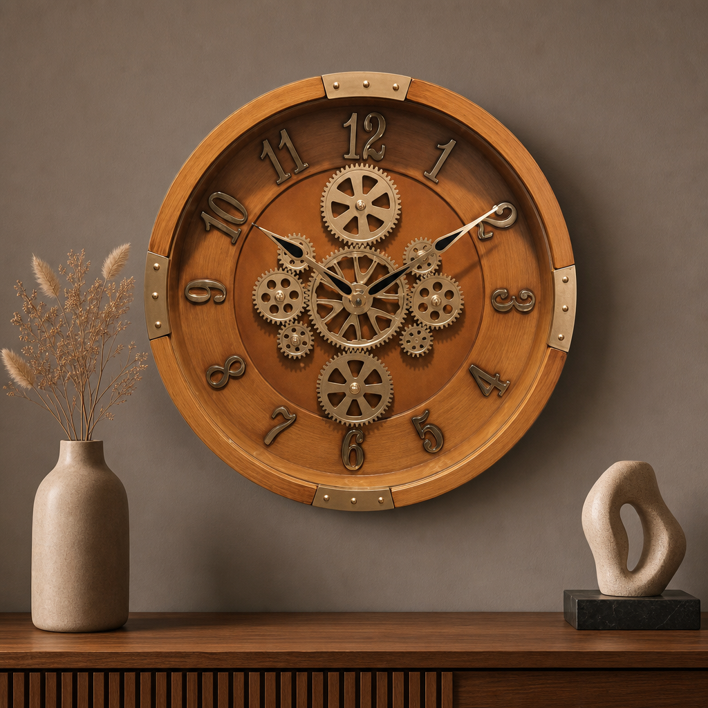 Milan H99 OrangeWood Steampunk Industrial Wall Clock with Exposed Gears - Decor 1