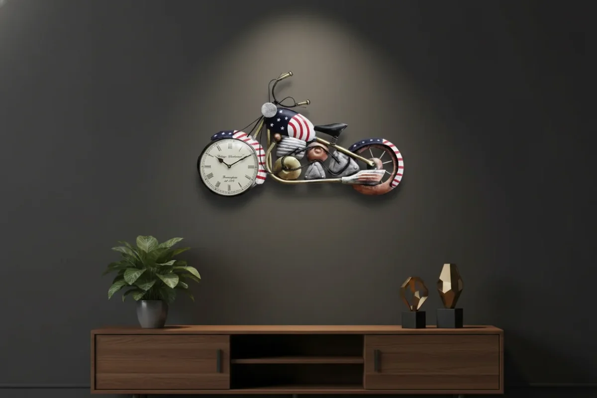 Vintage American Motorcycle Wall Clock - Patriotic Decor - The clock Factory w174E-kr - Wall Clock 29 inch Metal - Motorcycle Clock, Wall Decor, Vintage Style, American Flag, Rustic Home Decor