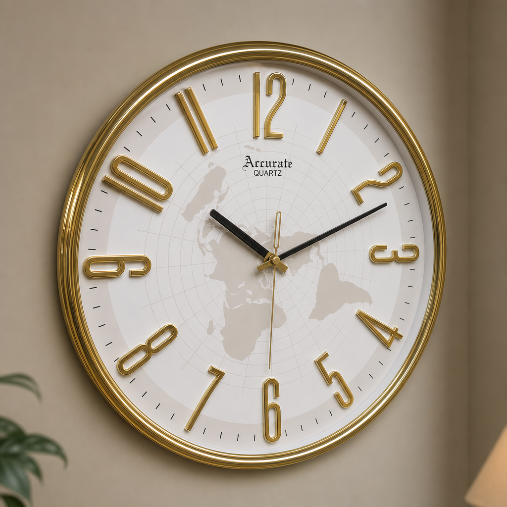 Accurate A52 Gold Frame Wall Clock with World Map Dial on wall color