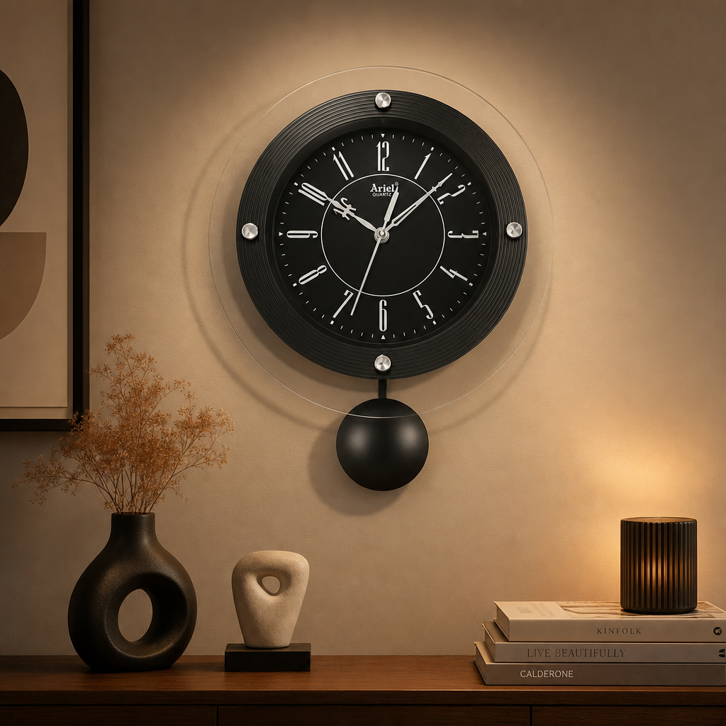 Ariel Pendulum Small Wall Clock - Black with Black Dial - Decor 1