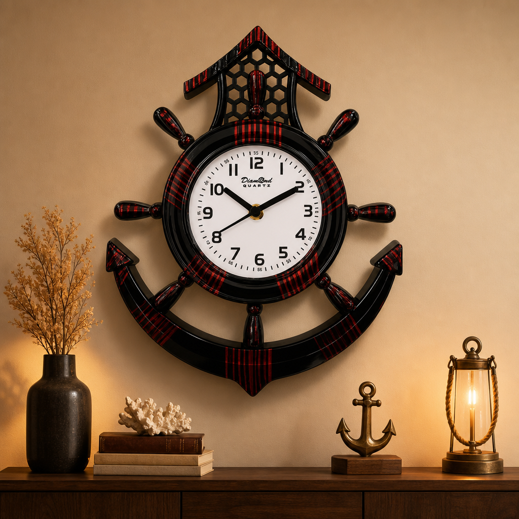 Diamond 111 Nautical Ship Wheel Anchor Red and Black Wall Clock - Decor 2