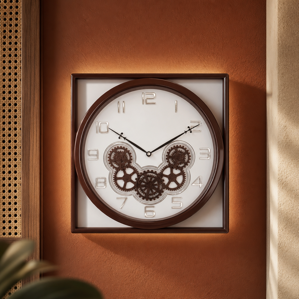 Bosque gear 08-WHITE Mechanical Wall Clock with Exposed Gears styled in a room setting 2