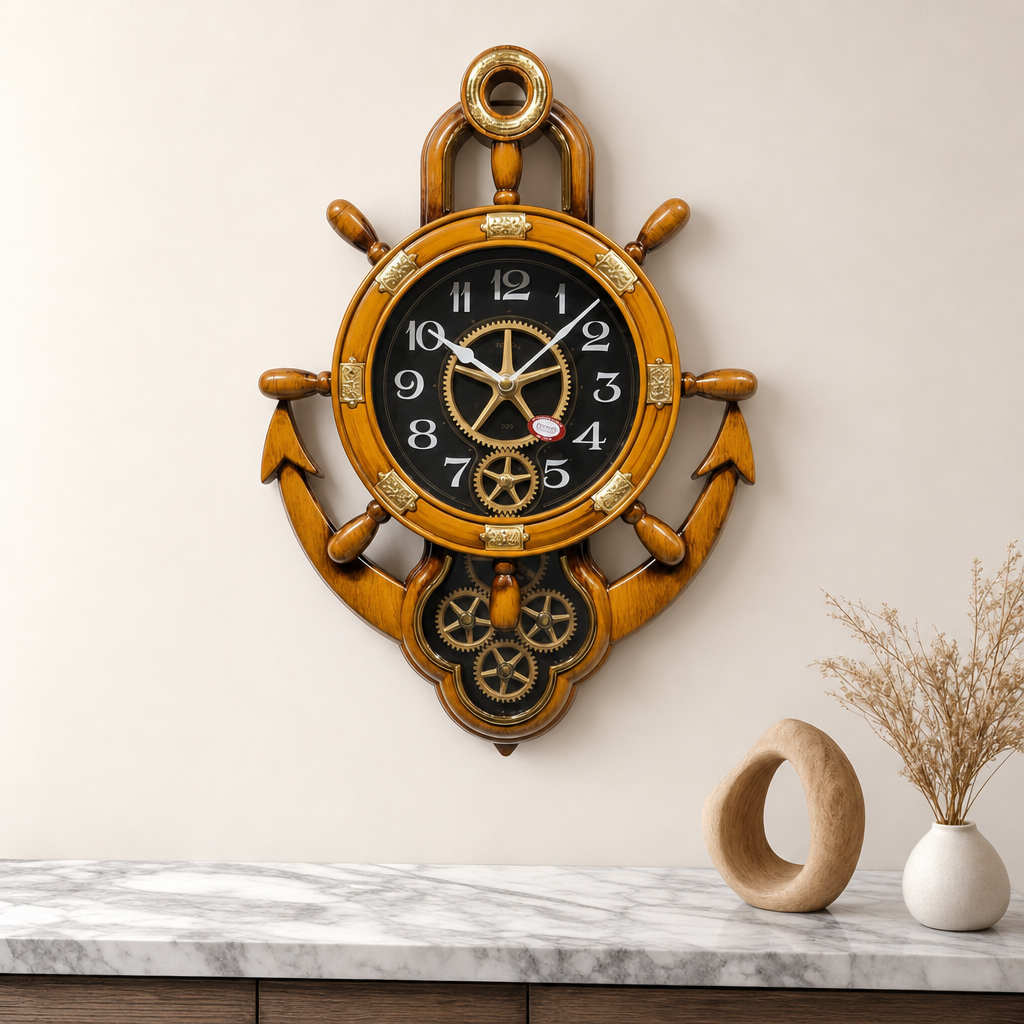Real RG07-Golden Nautical Ship Wheel and Anchor Wall Clock styled in a room setting 5